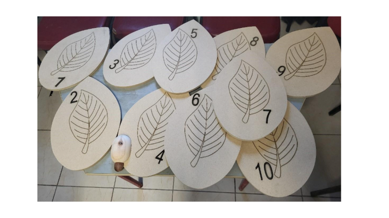 Numbers craved on wood shaped like leaves.